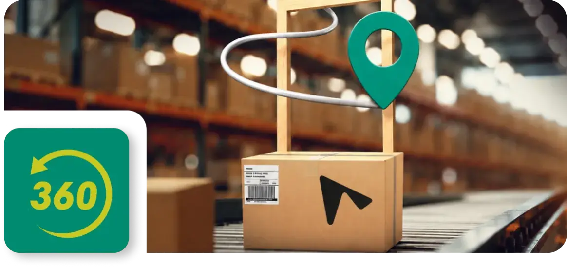 Shadowfax 360 shipping box on a warehouse conveyor with delivery tracking graphics